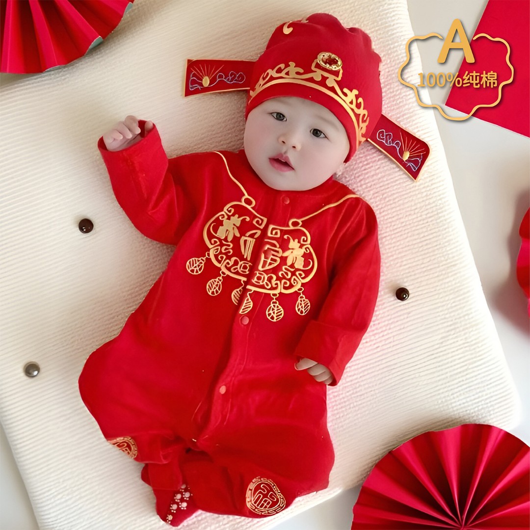 新生满月婴儿衣服秋季百天宝宝百岁宴中国风抓周岁唐装喜庆连体衣