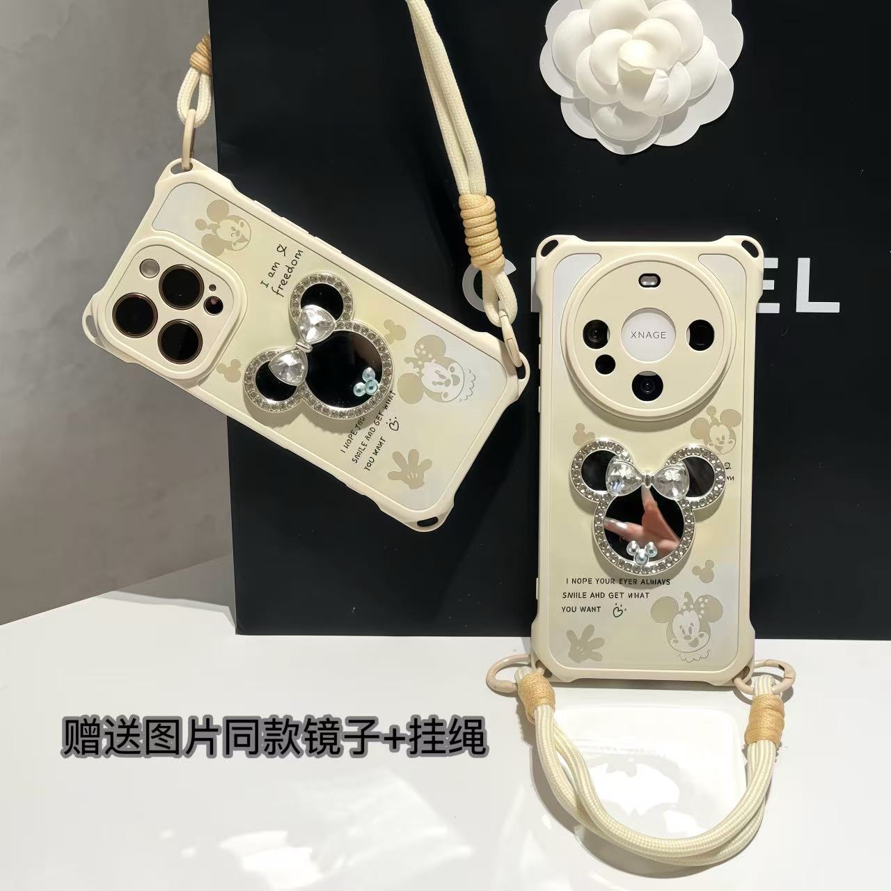 闪钻米奇镜子挂绳适用iPhone14苹果16手机壳华为p70vivoppo小米15
