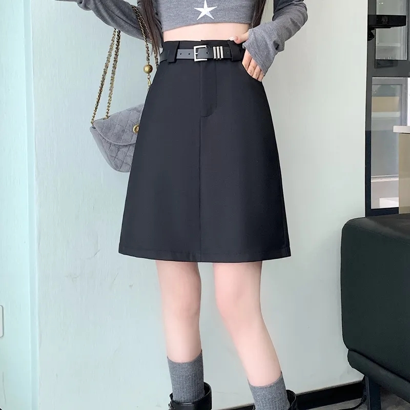 大码西装半身裙加长版法式复古配腰带A字裙高腰灰色显瘦遮肚中裙