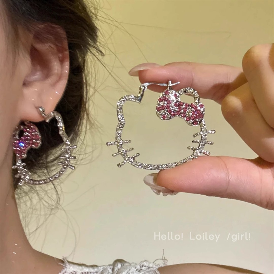 合金耳饰 千禧复古满钻Kitty耳圈甜酷辣妹耳环复古合金可爱耳饰