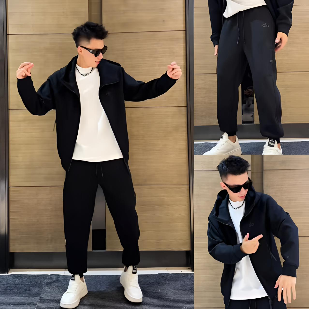 秋季新款黑武士净版空气层休闲套装男士痞帅连帽卫衣束脚卫裤套装
