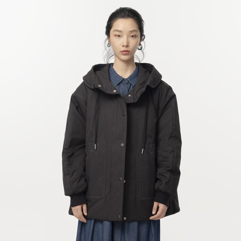 MOVEUP幻走2024秋新款.FUN 小狗绣花中长款连帽棉外套女324320919