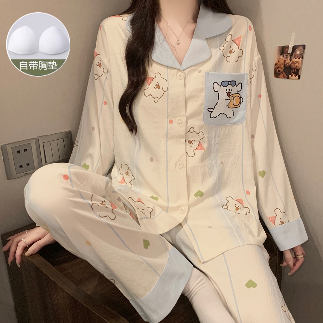 带胸垫春秋季云朵棉睡衣女小翻领开衫长袖网红卡通女士睡衣家居服