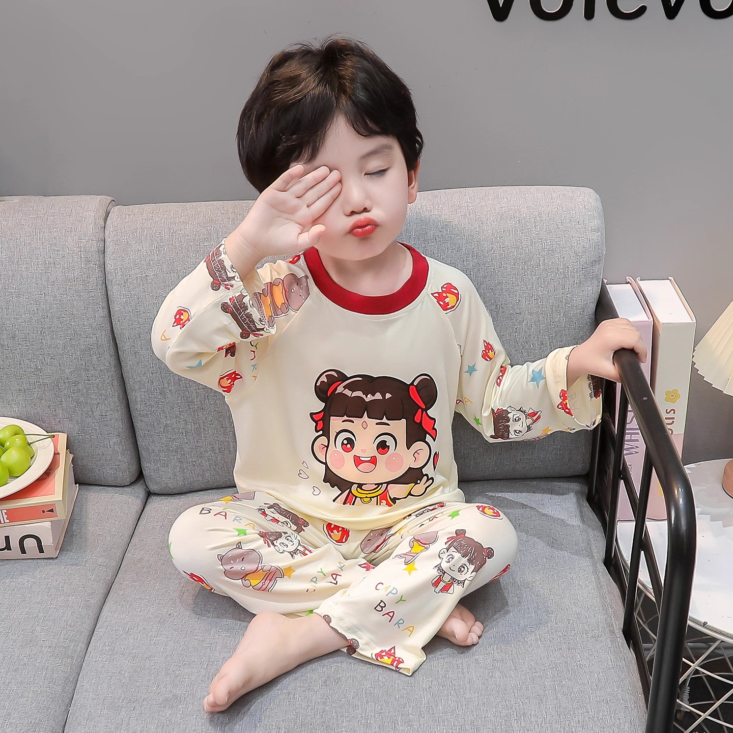 儿童哪吒莫代尔睡衣薄款男童保暖空调服宝宝卡通家居服春秋款男孩