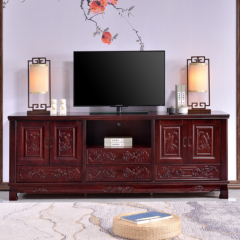 实木电视柜复古风原木雕花地柜家用影视柜客厅高款储物收纳电视柜