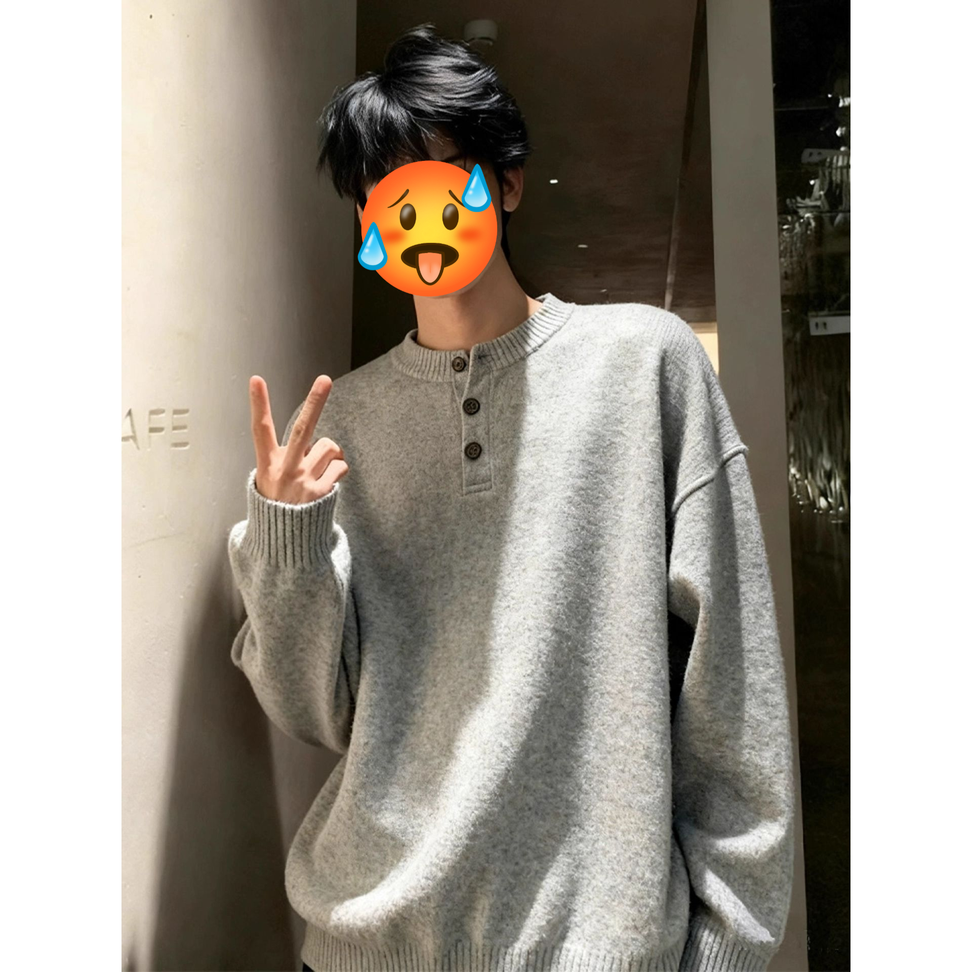 灰色美式复古亨利领毛衣男秋冬款慵懒风高级感针织衫cleanfit外套