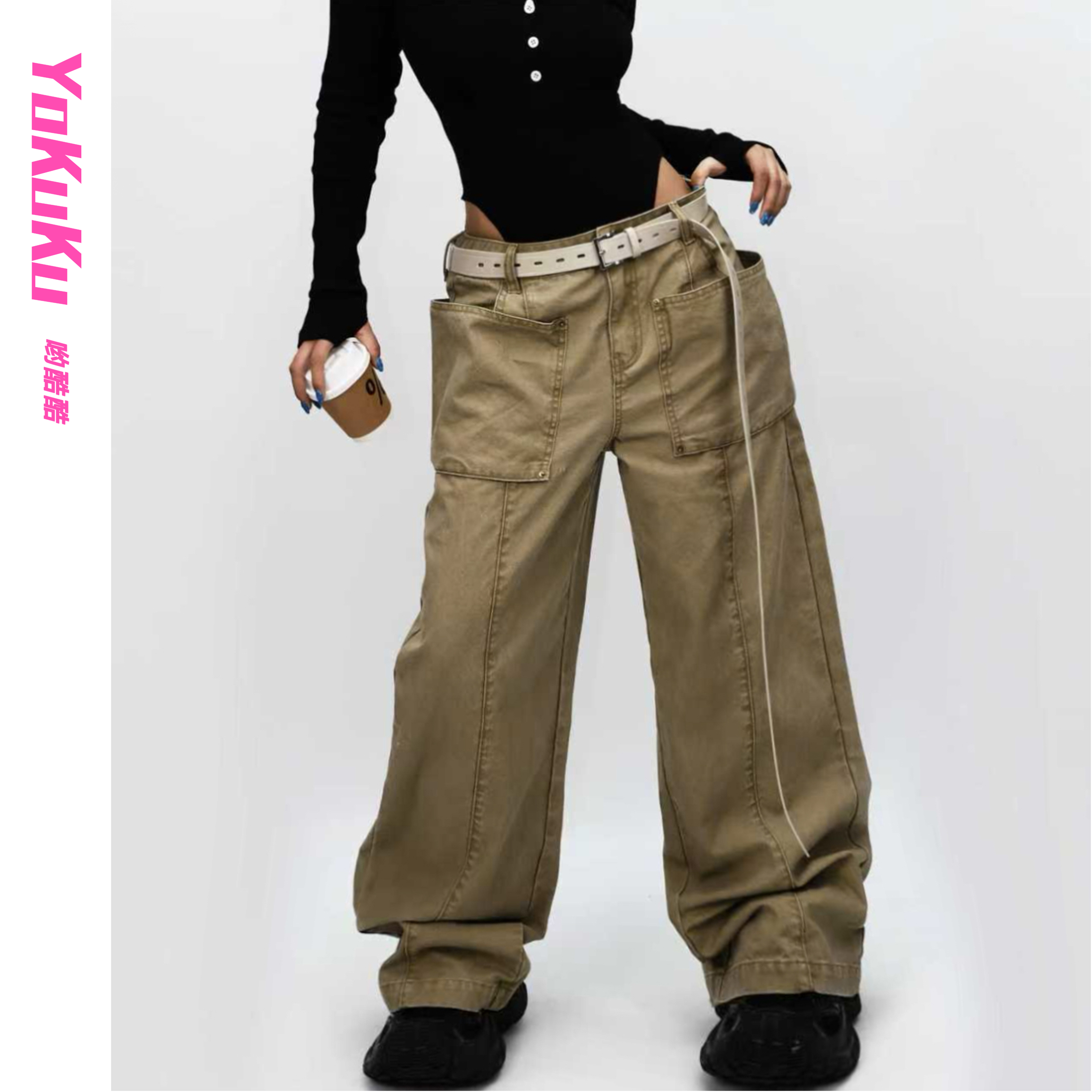 哟酷酷（奇趣特工队）秋冬加厚高街大风琴口袋直筒阔腿休闲工装长裤
