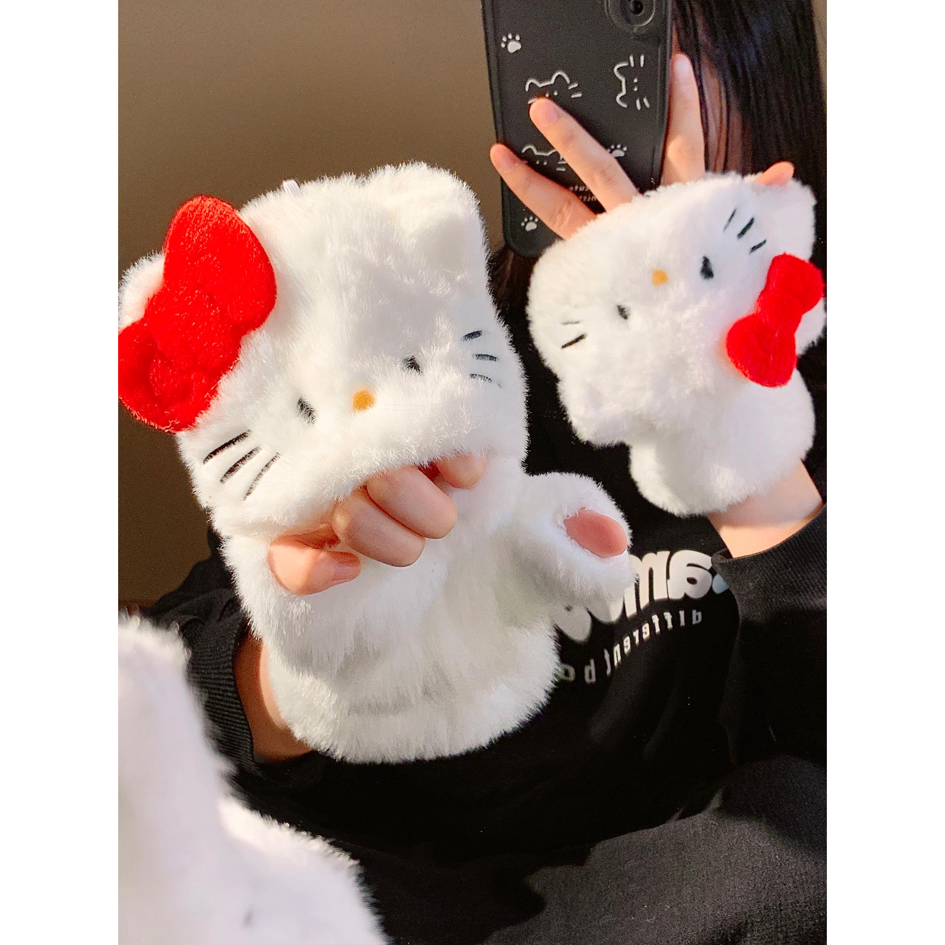 可爱kitty猫半指翻盖毛绒手套女秋冬保暖加绒可爱学生写字防寒冻