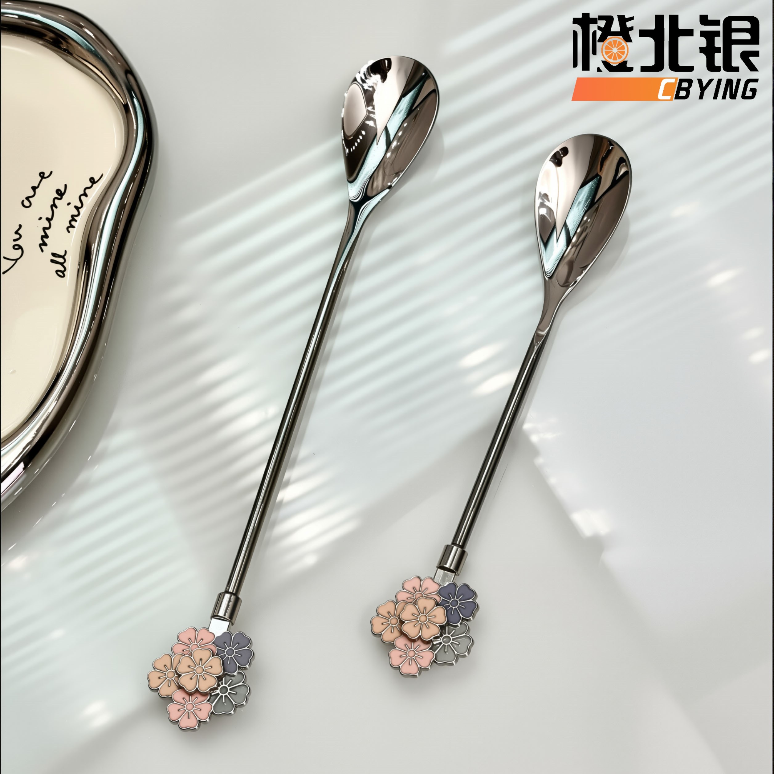 橙北银食品级304不锈钢长柄咖啡搅拌勺韩式甜品蛋糕勺个性樱花勺