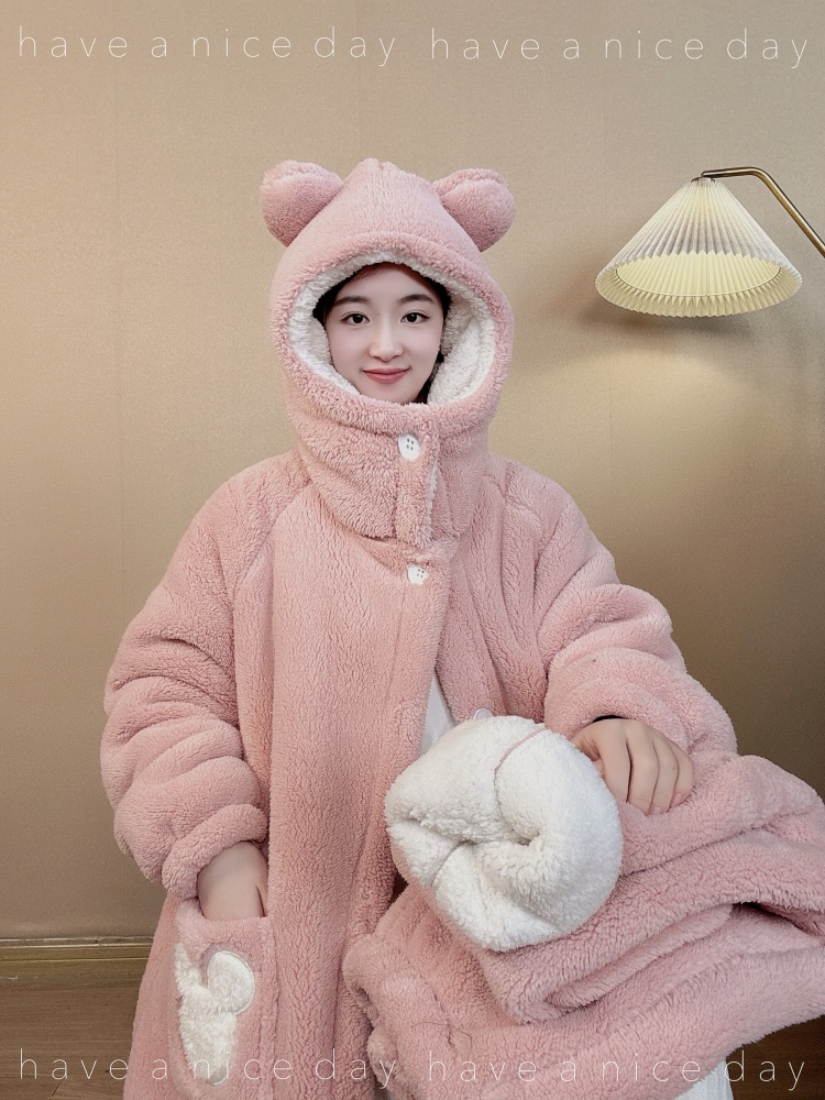 【科乐怡】冬保暖睡衣家居服套装双层中长款睡袍毛绒浴袍加厚情侣款