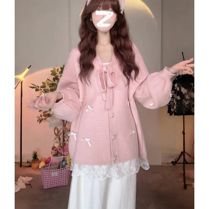 大码韩系慵懒风一整套秋冬蝴蝶结软糯毛衣搭显瘦高腰半身裙两件套