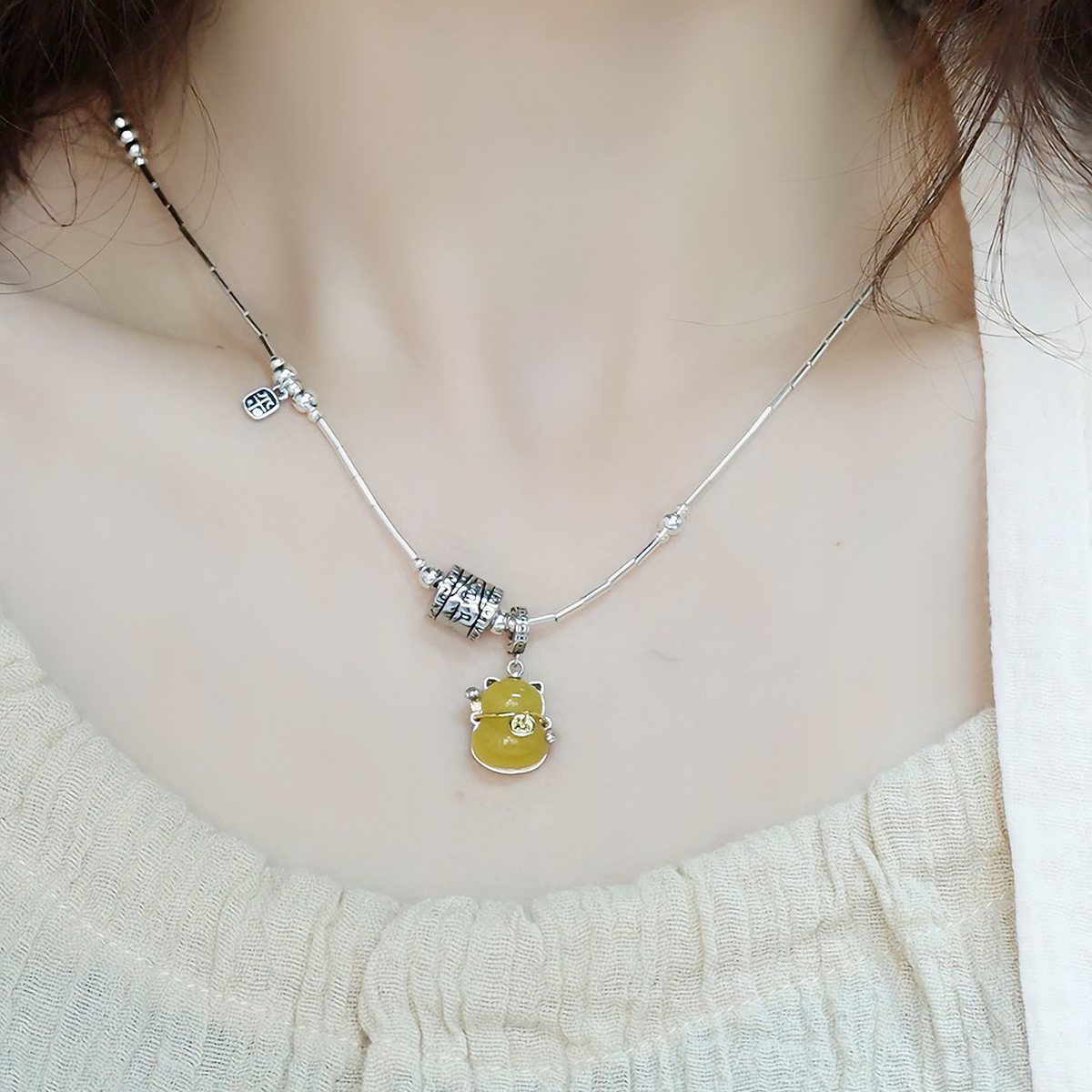 铜吊坠 镀银福字招财猫吊坠女中式复古民族风项坠小众高级感项链