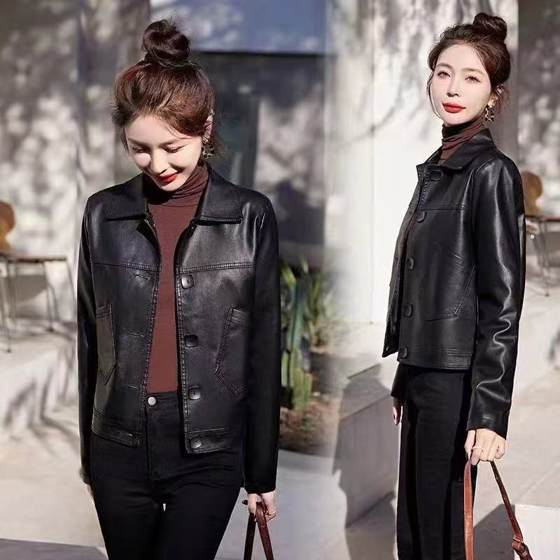 【运费补贴】韩版八排扣修身潮流女装皮衣外套夹克