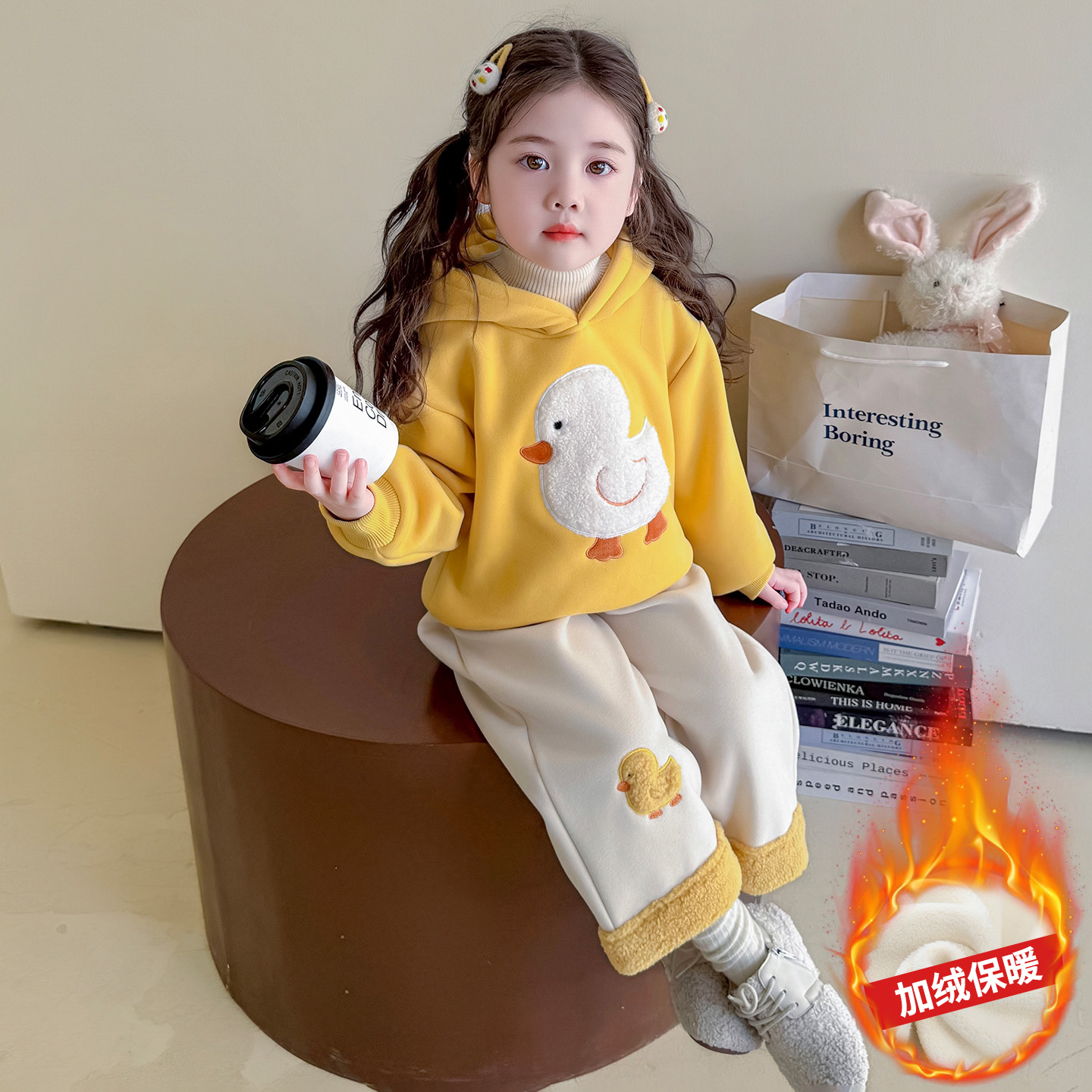 加绒女童毛衣套装秋冬季加绒卫衣新款儿童加绒保暖连帽卫衣套装潮