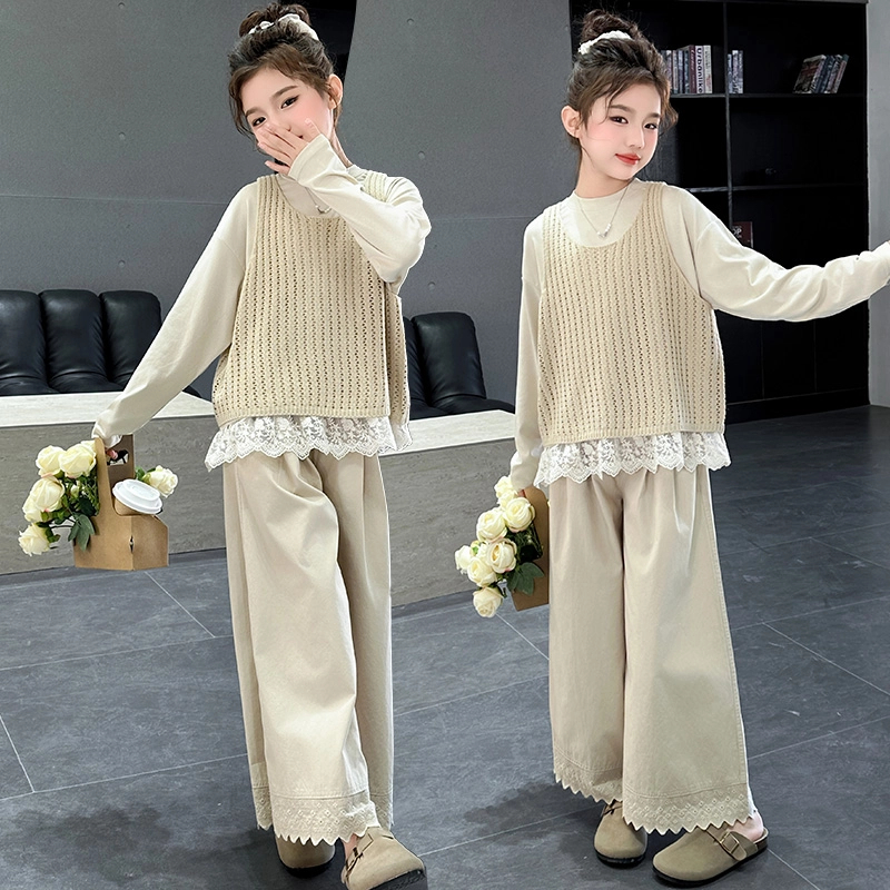 女童三件套春秋款儿童2025新款女孩春装打底衫套装儿童韩范穿搭潮