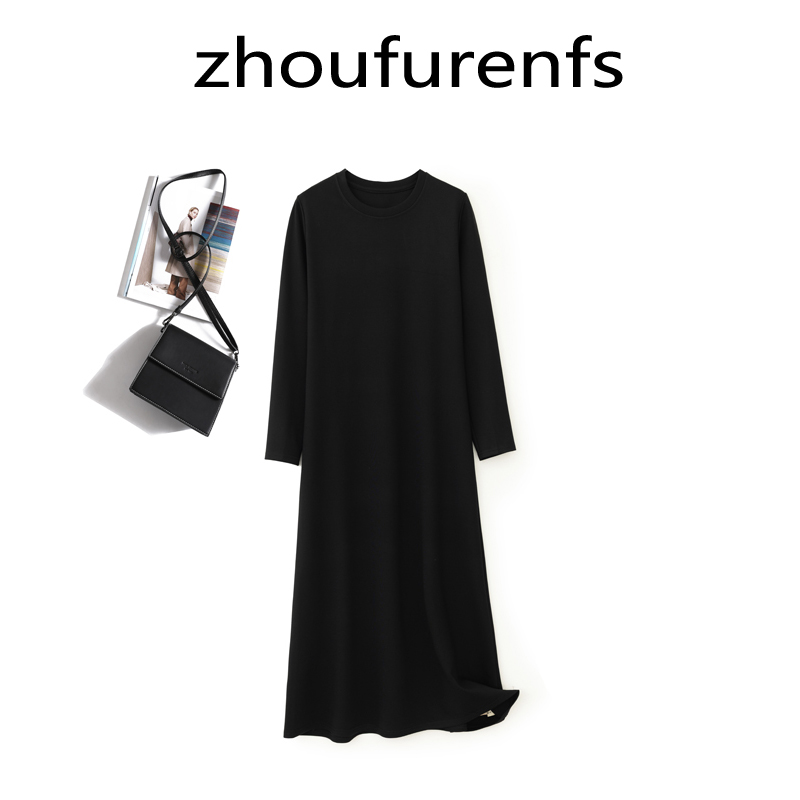 极简风女装2025秋冬新款时尚百搭宽松长款打底裙长袖黑色连衣裙