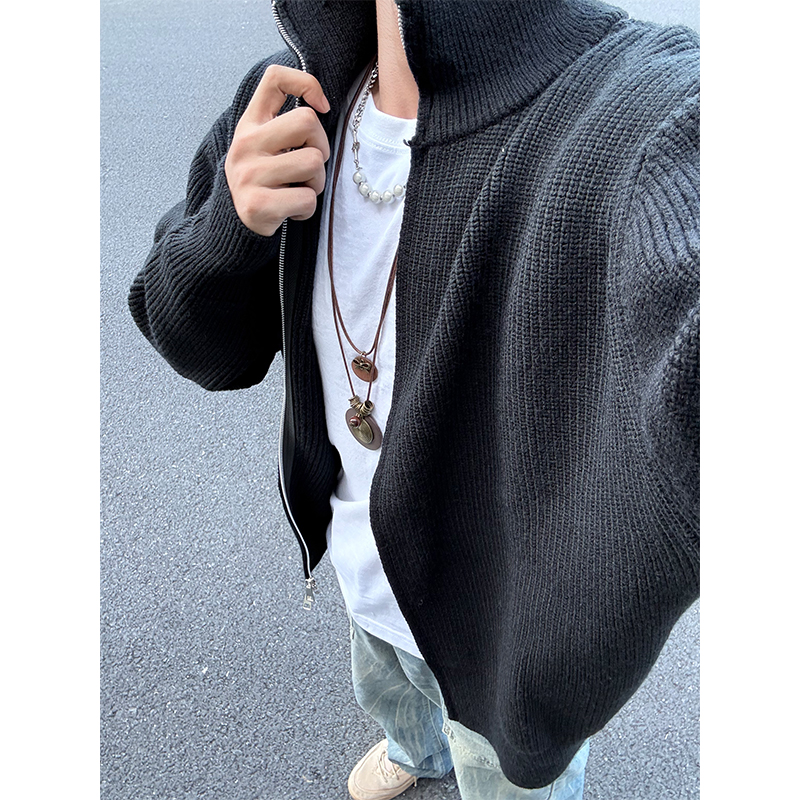 黑色立领开衫毛衣男秋冬季美式重磅针织衫慵懒风双拉链毛线衣外套