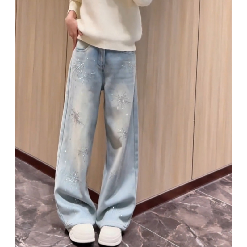 小个子蓝色牛仔裤女士2025年冬季新款爆款裤子加绒加厚宽松直筒裤