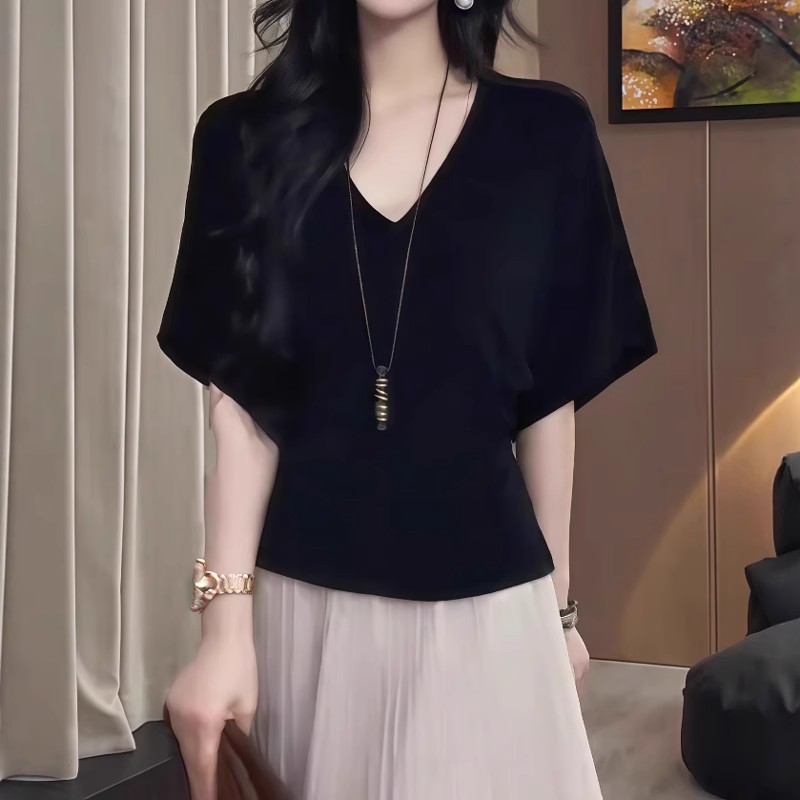 时尚巨好看V领短袖T恤女夏季薄款胖MM大码女装收腰显瘦蝙蝠衫上衣