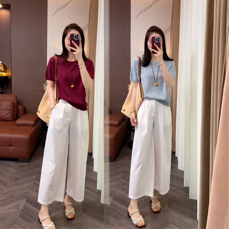 时尚夏装盐系搭配一整套宽松纯色针织衫短袖休闲九分裤显瘦两件套