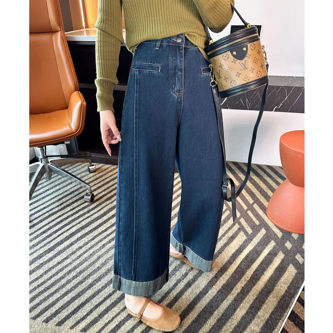深蓝色阔腿牛仔裤女2025秋冬加绒微胖大码腿粗宽松显瘦九分直筒裤