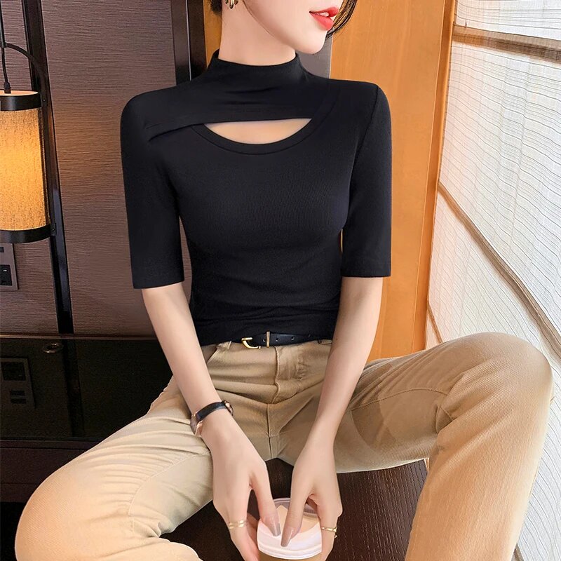 半高领镂空中袖t恤女春秋修身设计感显瘦打底衫内搭黑色中领上衣