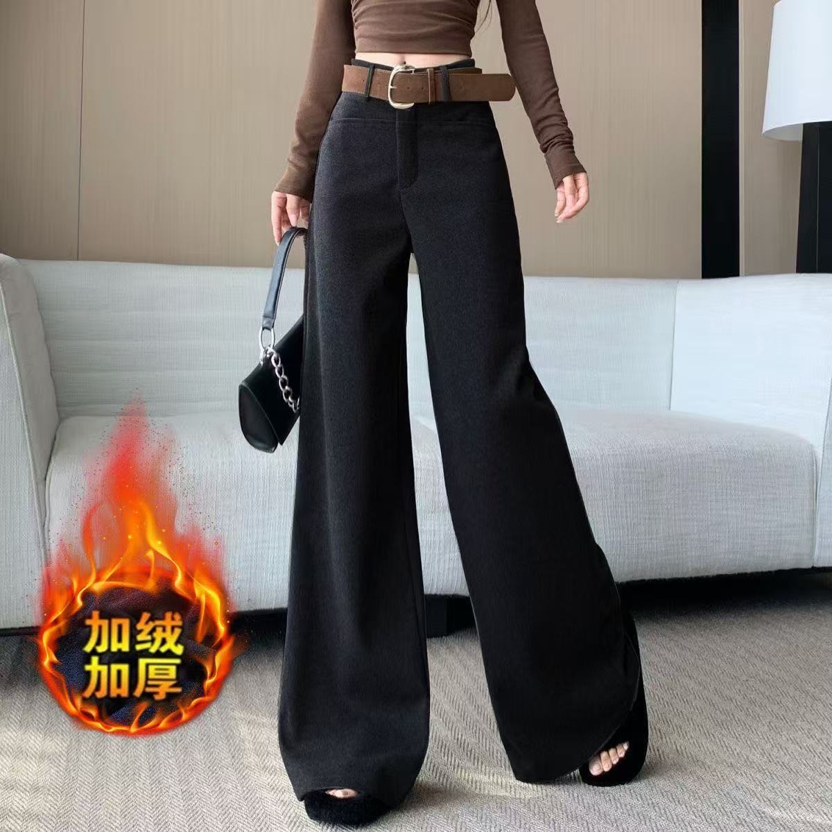 美式松弛感中高腰毛呢阔腿裤女宽腰带秋冬新款直筒垂坠西装拖地裤