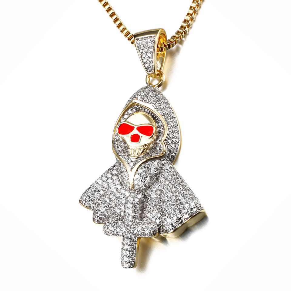铜锆石吊坠 欧美跨境骷颅头幽灵吊坠项链嘻哈满钻镶嵌坠链饰品男