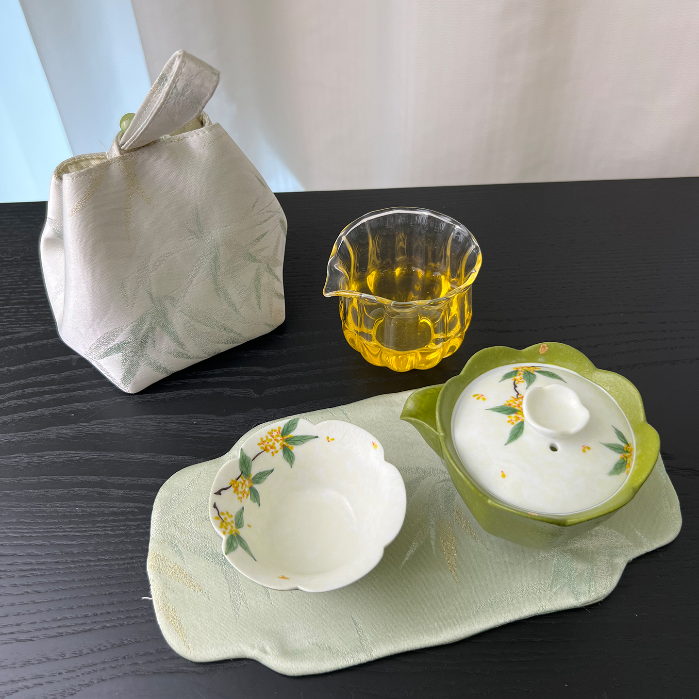 宜物宜心·橘绿洒金桂花茶壶茶具套装旅行便携式手绘青竹茶具旅行