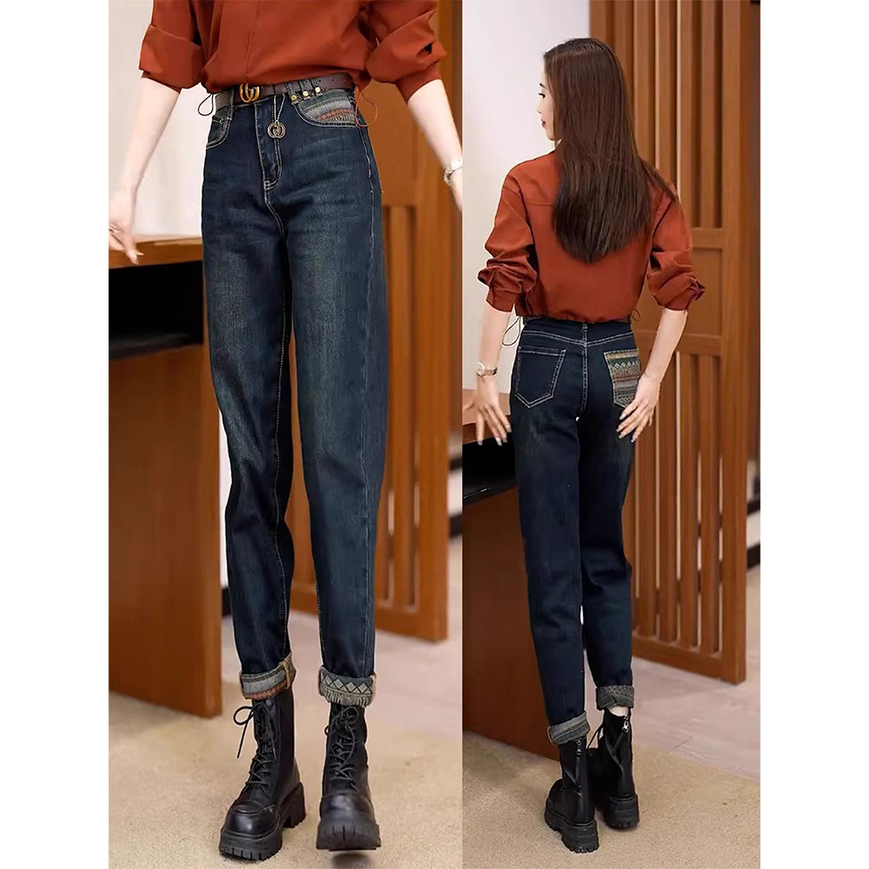 拉夏贝尔哈伦牛仔裤女冬季2025年加绒新款高腰宽松显瘦萝卜老爹裤