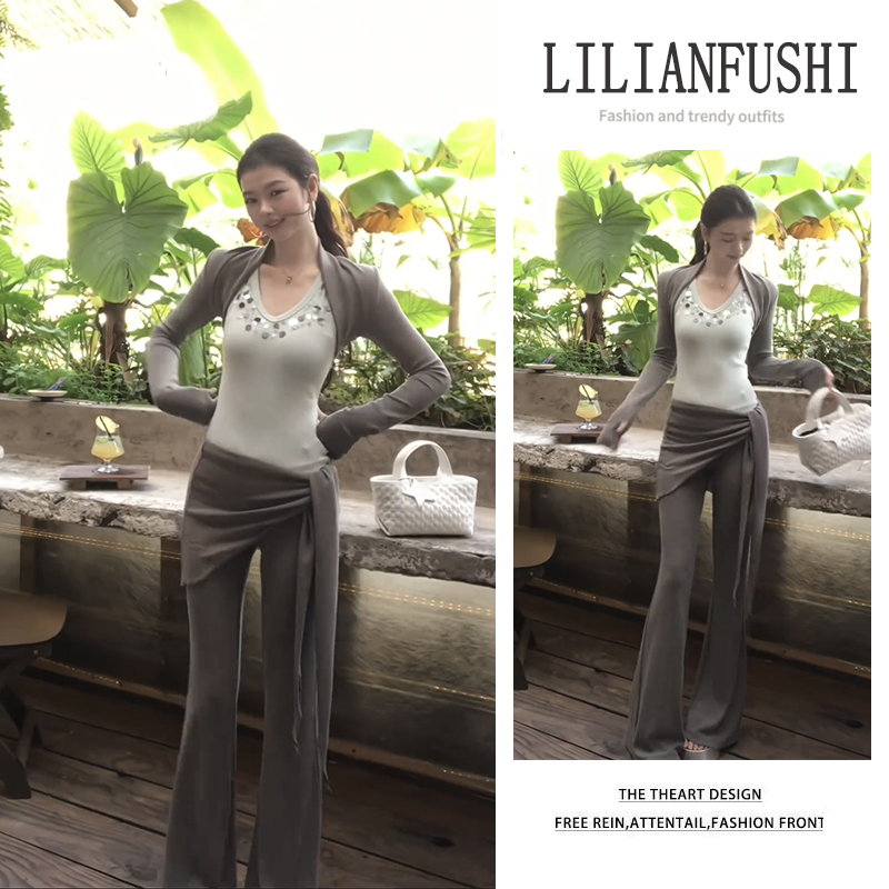 秋冬穿搭一整套2026新款亮片吊带叠穿长袖坎肩高腰屁帘裤三件套女