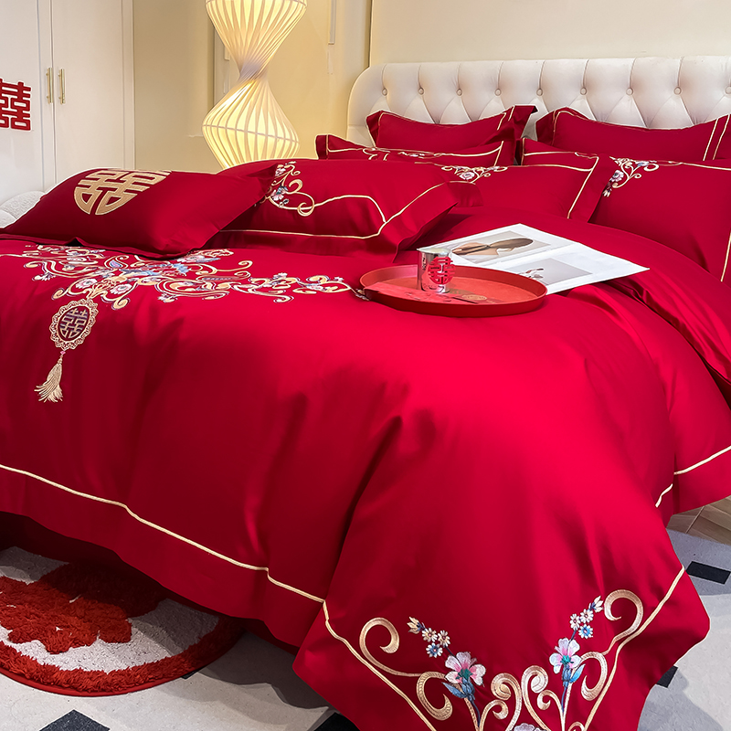 大红色新款喜被中式奢华全棉婚庆四件套纯棉大红床单被套结婚婚房