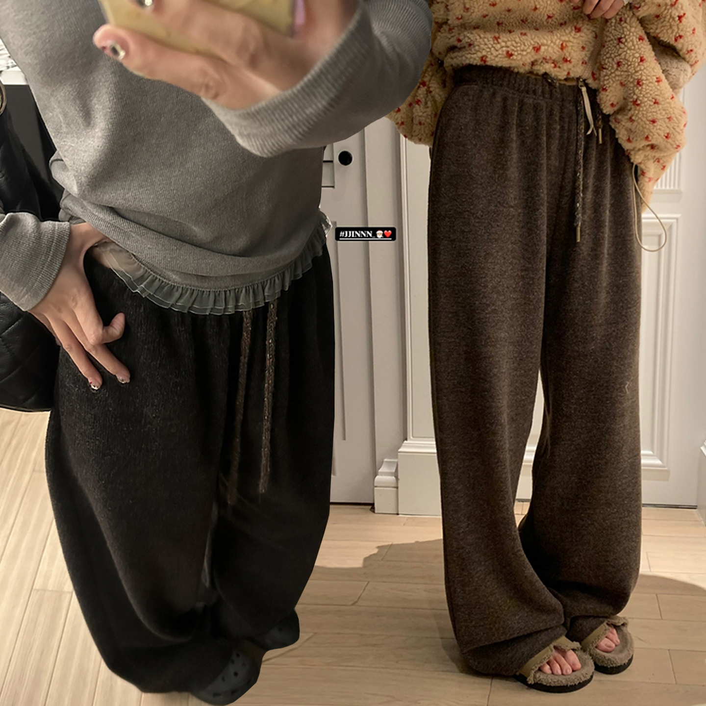 美式复古咖色磨毛针织孕妇阔腿裤秋冬季宽松保暖加厚糯米直筒长裤