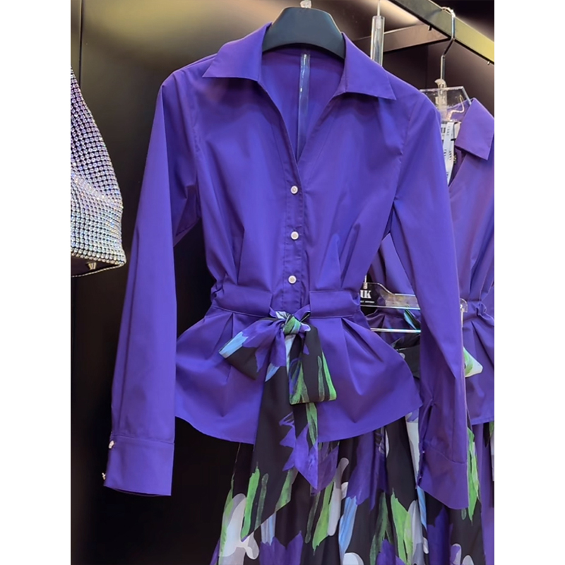 高级感v领长袖衬衫女2025秋季新款时尚洋气减龄收腰绑带小众上衣