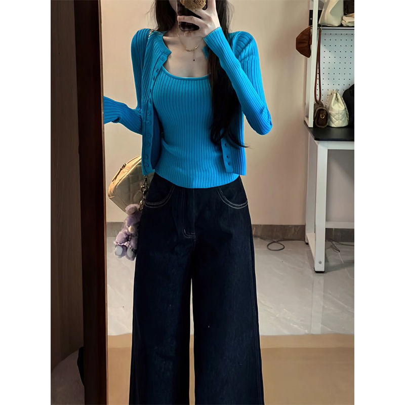 秋季女装穿搭高级感小香风蓝色针织开衫上衣吊带背心两件套装
