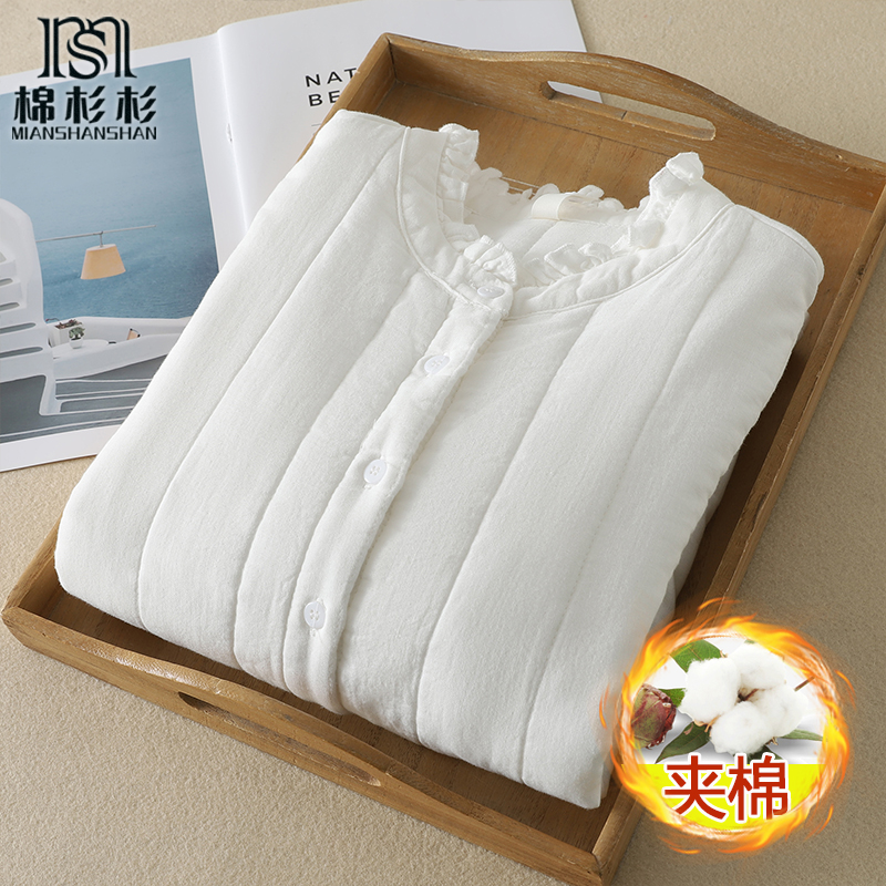 夹棉木耳领花边 棉纱纯棉衬衫女长袖 加厚保暖御寒内搭外穿纯色