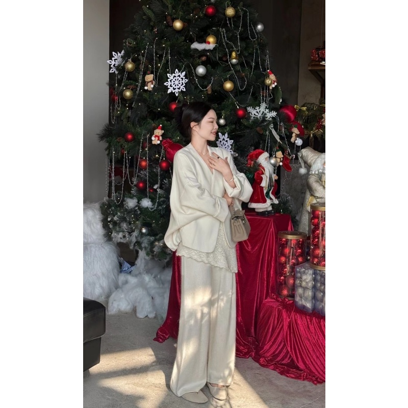 韩系慵懒风松弛感气质宽松针织外套秋冬新款高腰百搭垂感阔腿长裤