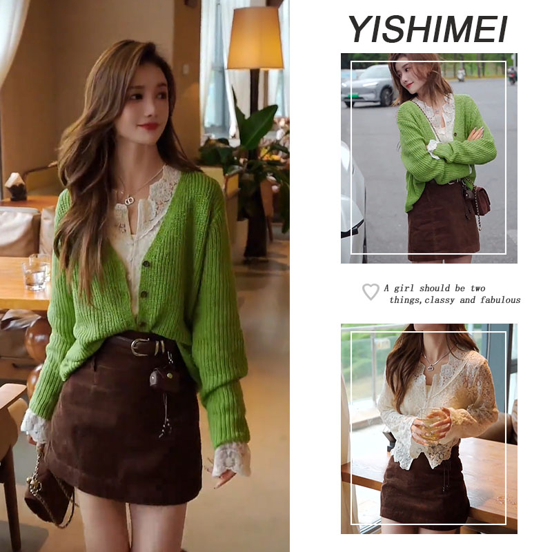 早秋时尚穿搭2025年新款百搭长袖蕾丝上衣针织开衫高腰短裙三件套