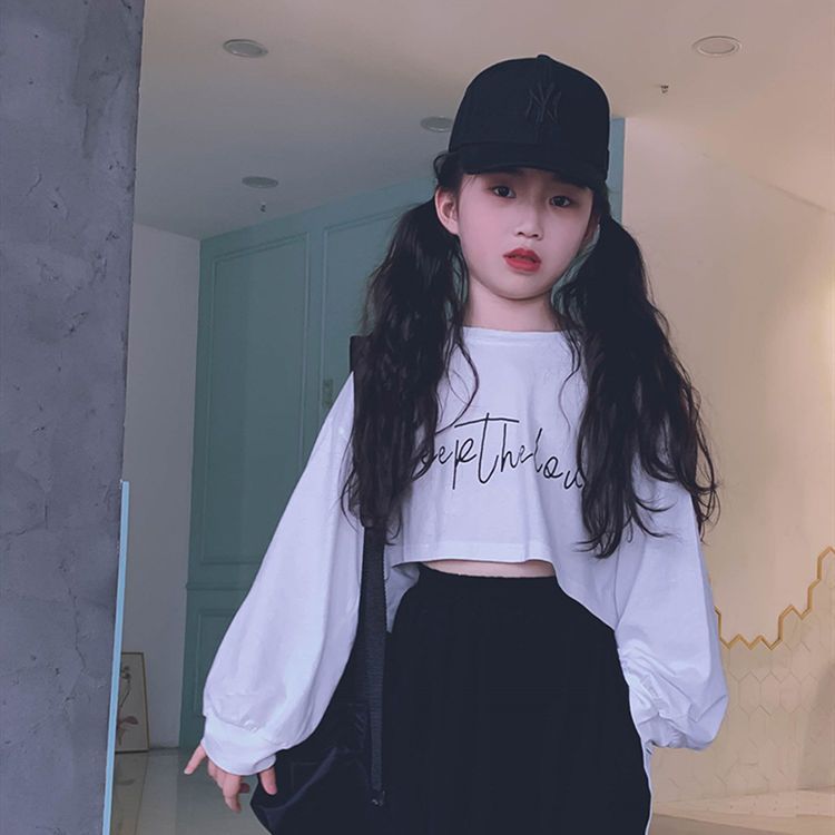 女童长袖春秋装新款中大童T恤儿童套装高腰短款卫衣装亲子潮