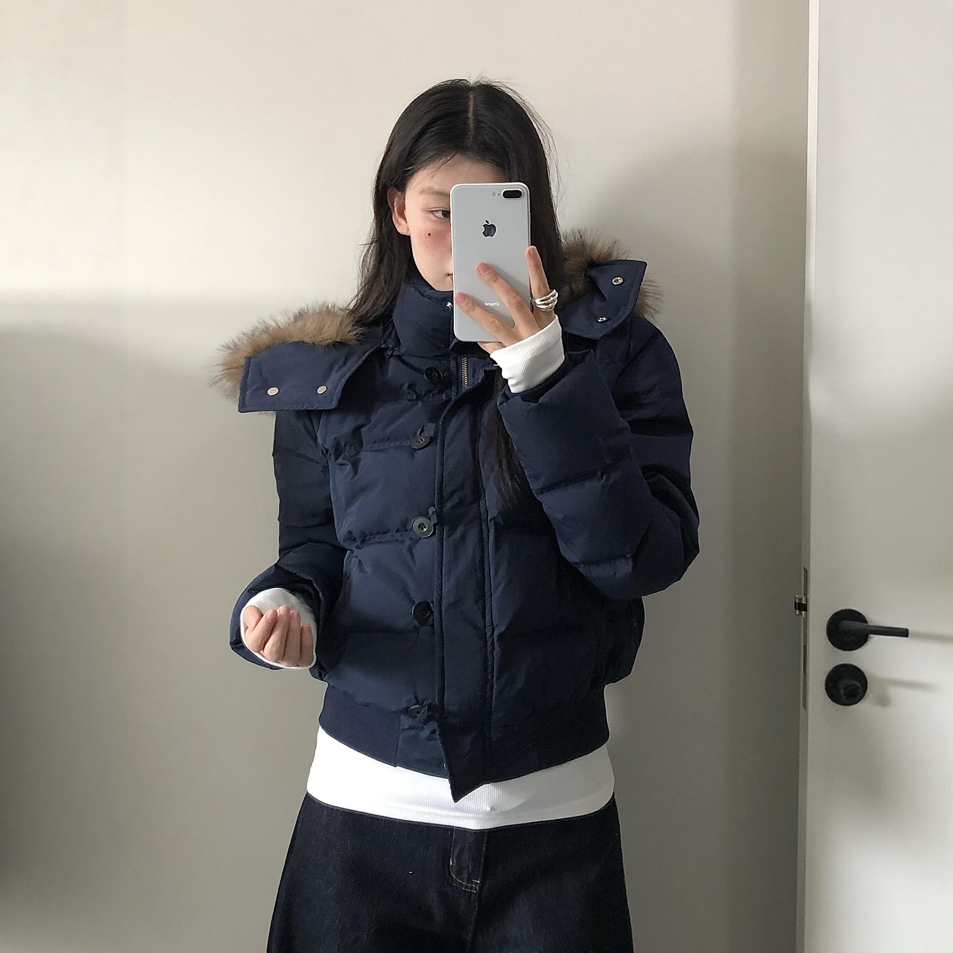 南区菲奥娜藏青色棉服女2025冬季新款加厚高级感短款棉衣棉袄外套