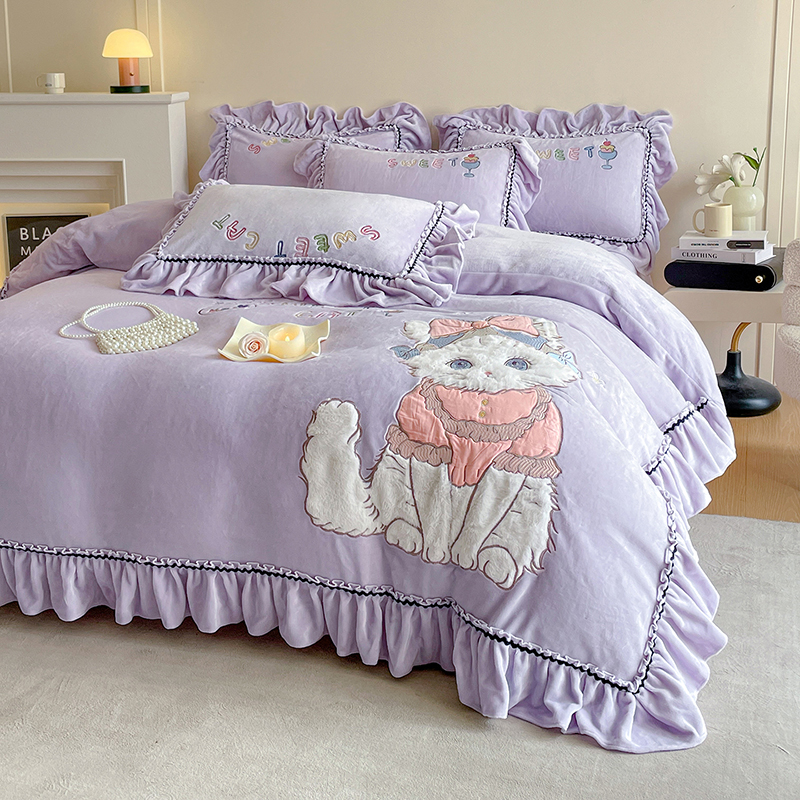 富安娜加厚牛奶绒毛巾绣四件套双面绒被套床单消光婴儿绒床上用品