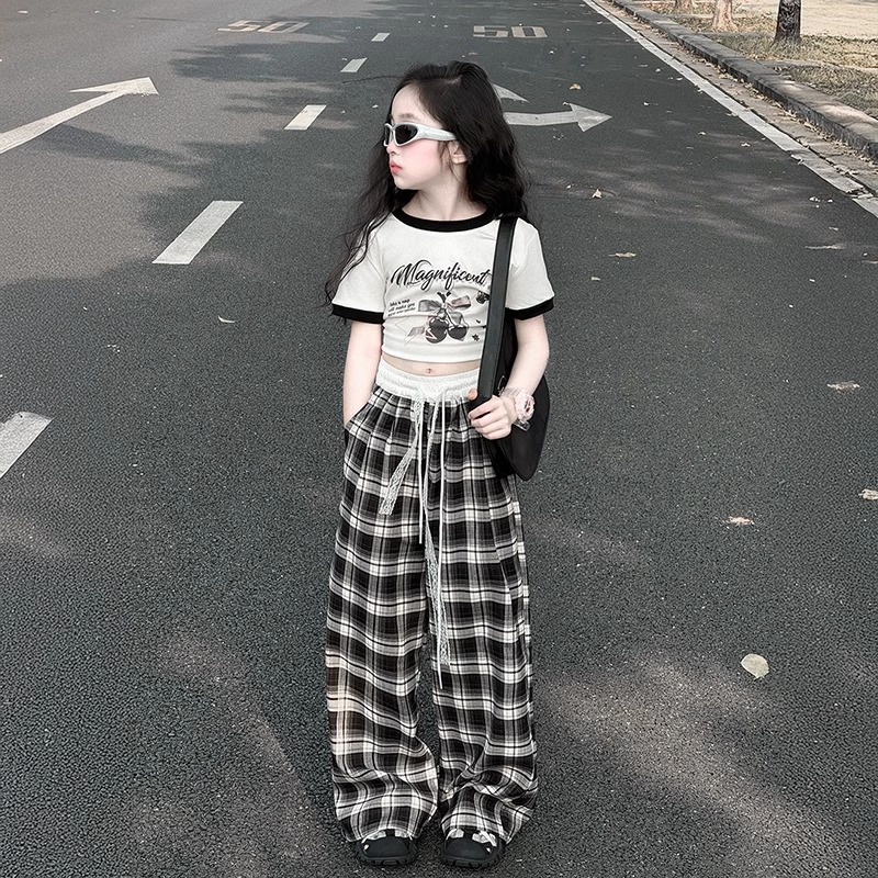 女童格子裤夏季薄款2025新款夏装防蚊裤休闲女大童阔腿裤炸街裤子