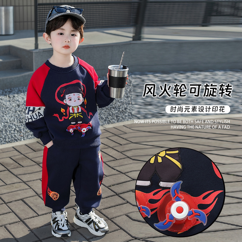 哪吒儿童服装男童秋装卡通卫衣套装男孩亮灯发光男宝带风火轮衣服