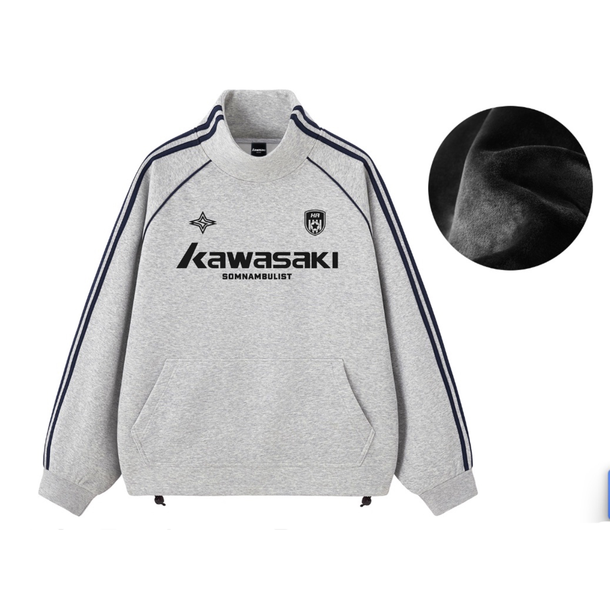 kawasaki川崎卫衣秋冬加绒美式复古机车风拼接宽松休闲长袖男女