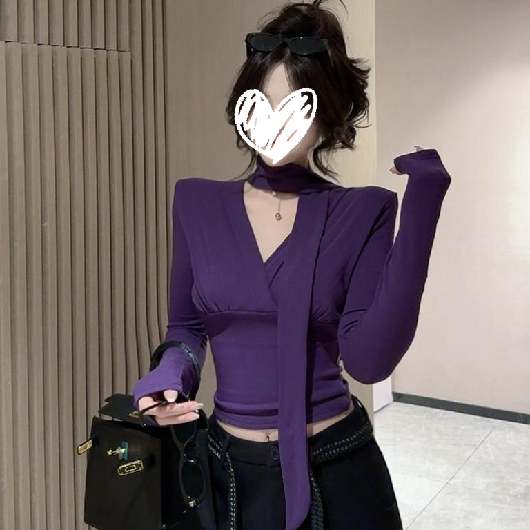 纯欲V领系带交叉长袖T恤女2025秋季新款设计感修身显瘦打底衫上衣