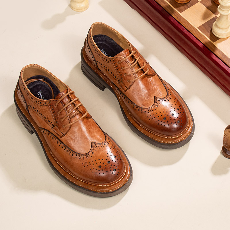 真皮英伦布洛克雕花男鞋休闲德比鞋新郎结婚增高棕色商务正装皮鞋