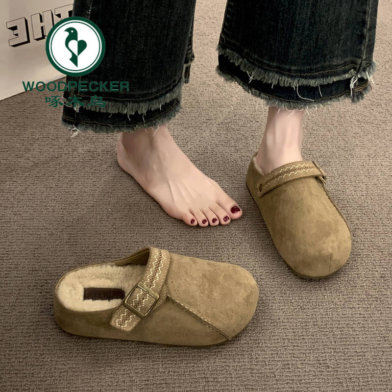 啄木鸟内增高加绒勃肯鞋女2025新款秋冬包头一脚蹬懒人博肯厚底鞋