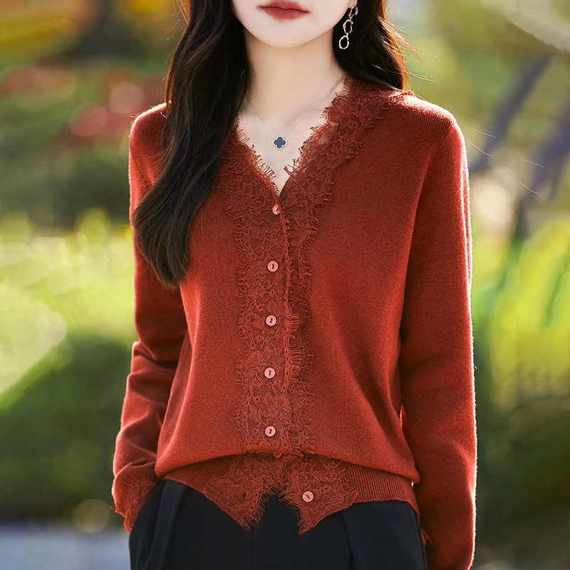 鄂家同款V领蕾丝花边纯色针织衫气质减龄毛衣时尚洋气上衣