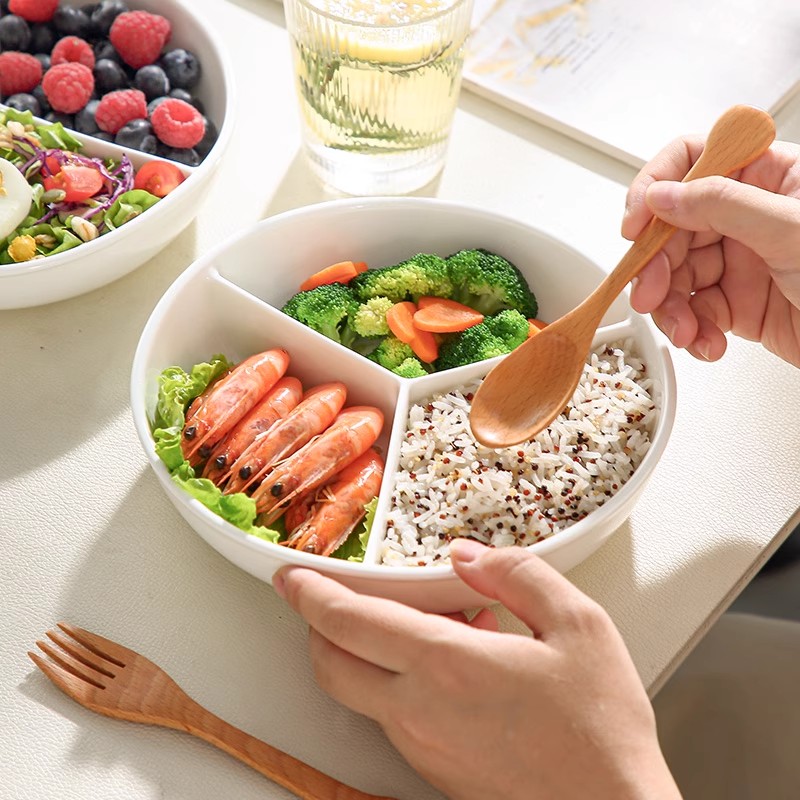 陶瓷分隔碗白瓷微波炉专用饭碗一人食分餐饭盒三分格盘子家用早餐