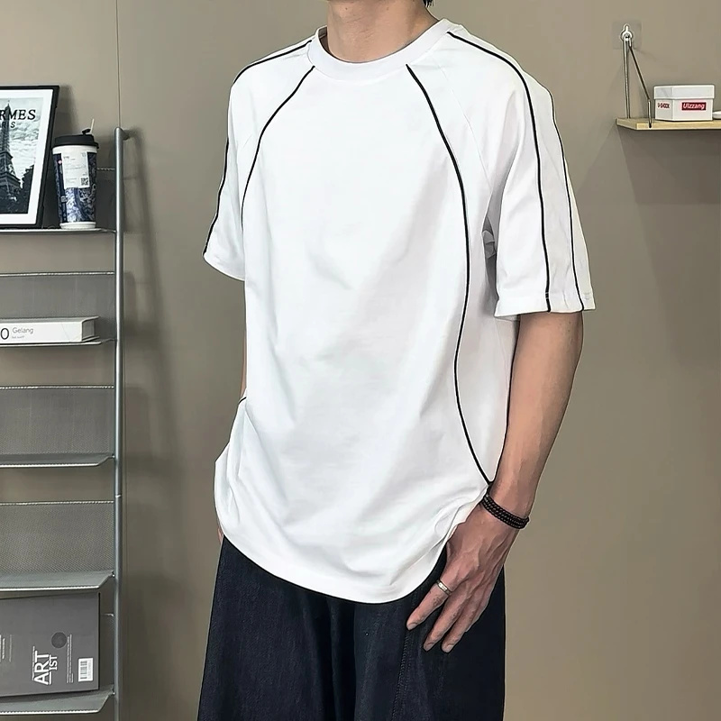 320g重磅插肩袖t恤男款夏季斜切解构分割线短袖中性风小领口半袖